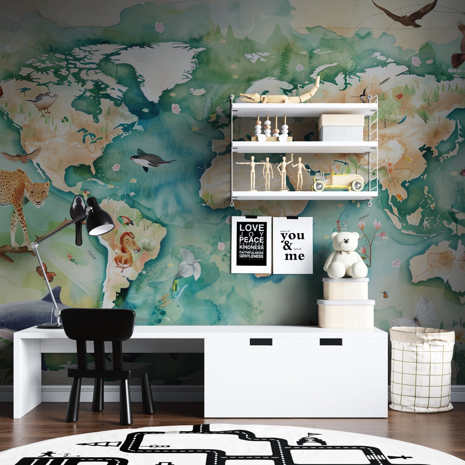 Nursery decorated with gentle watercolor world map and animal design