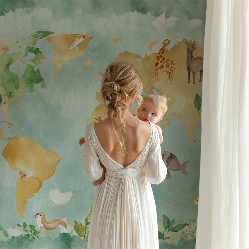 Educational map mural with watercolor wildlife bringing warmth to a playroom