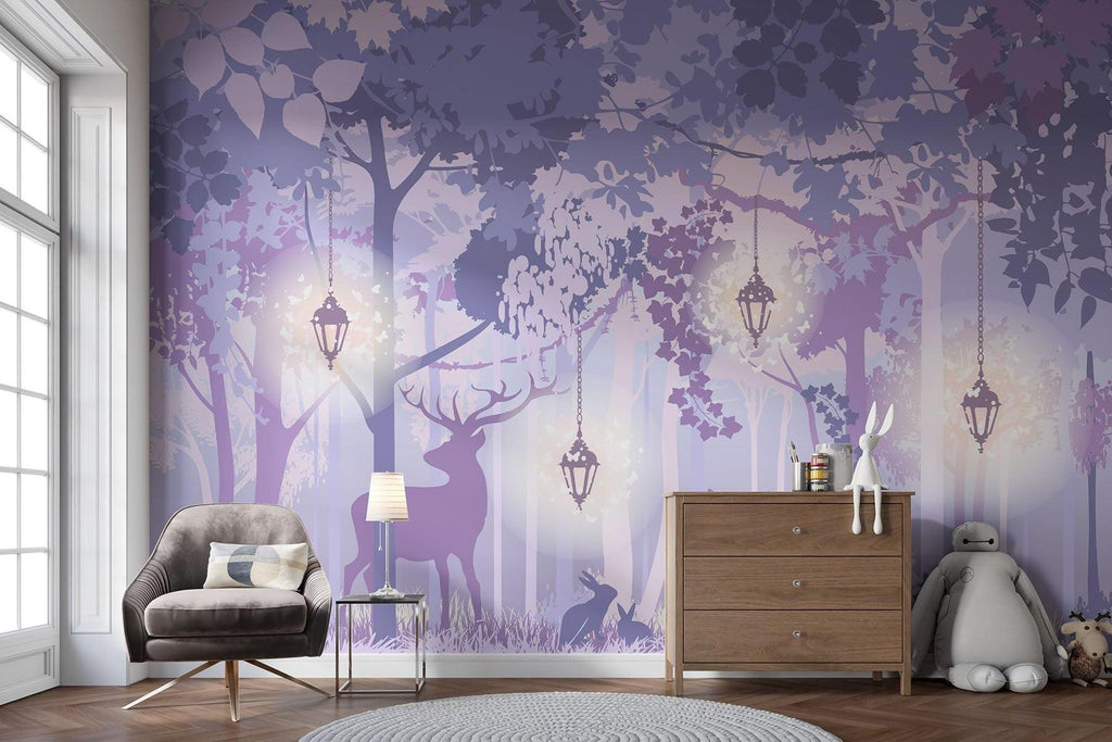 Forest Mural Wallpaper | Enchanted Purple Woodland With Lanterns
