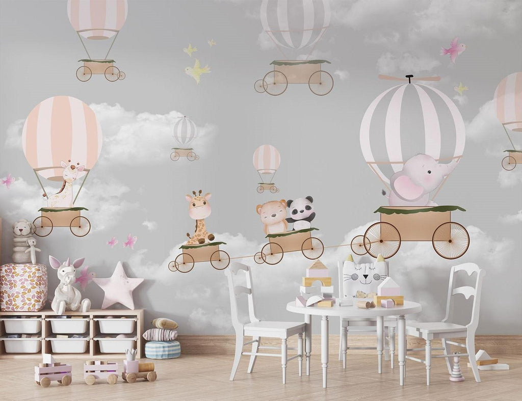 Hot Air Balloon Mural Wallpaper | Animal Adventure in Pink and Grey