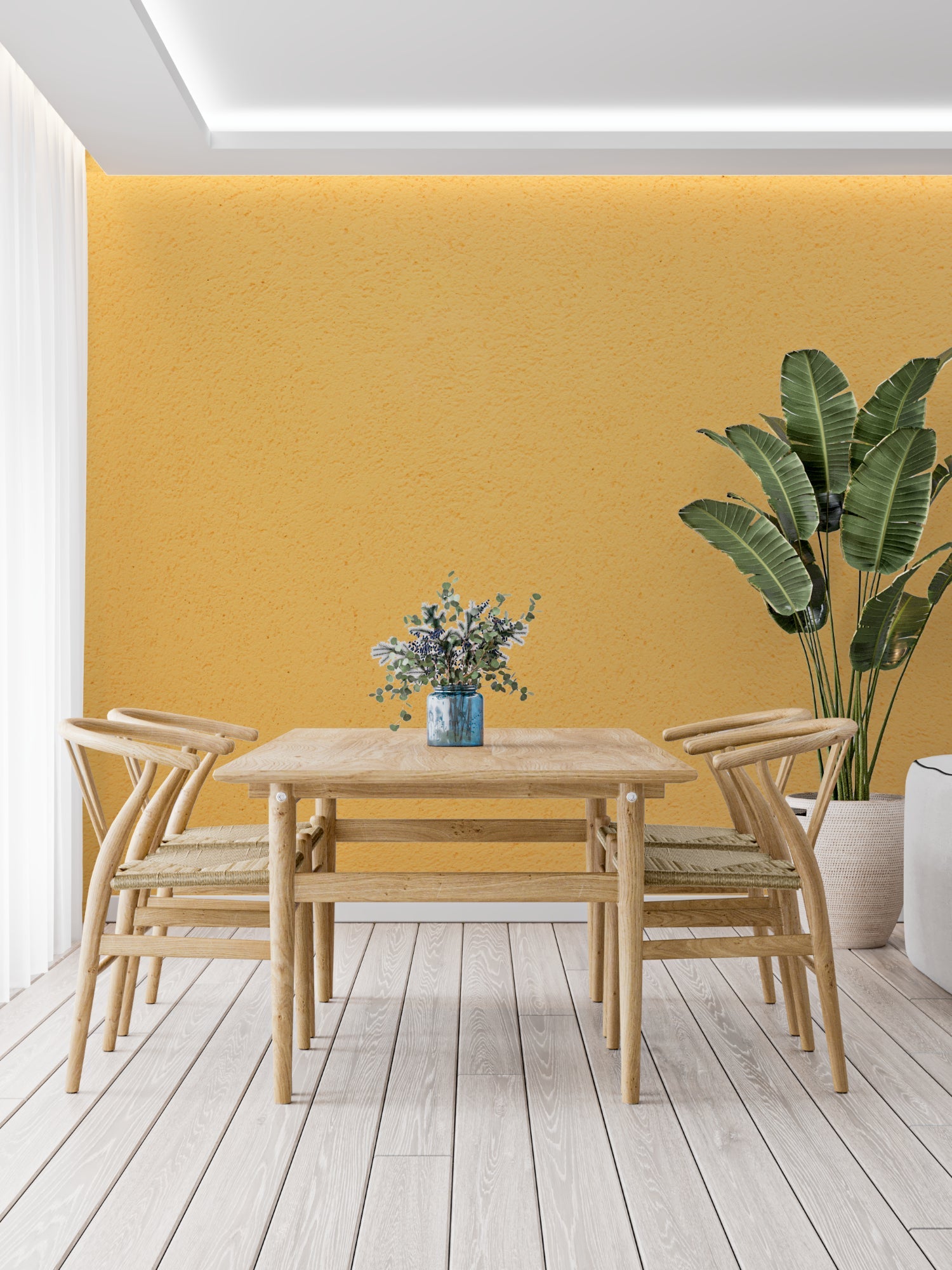 Yellow mural wallpaper bringing warmth to a modern living room with natural light