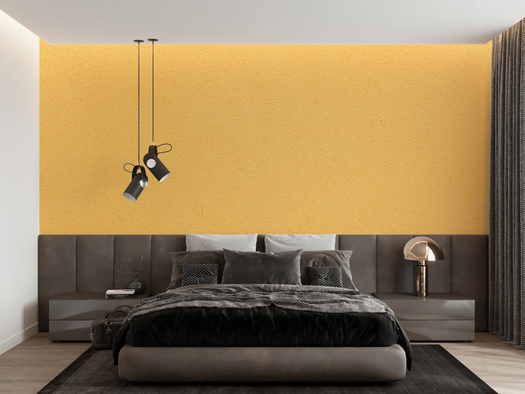 Sunshine yellow wallpaper design enhancing a minimalist home office setup