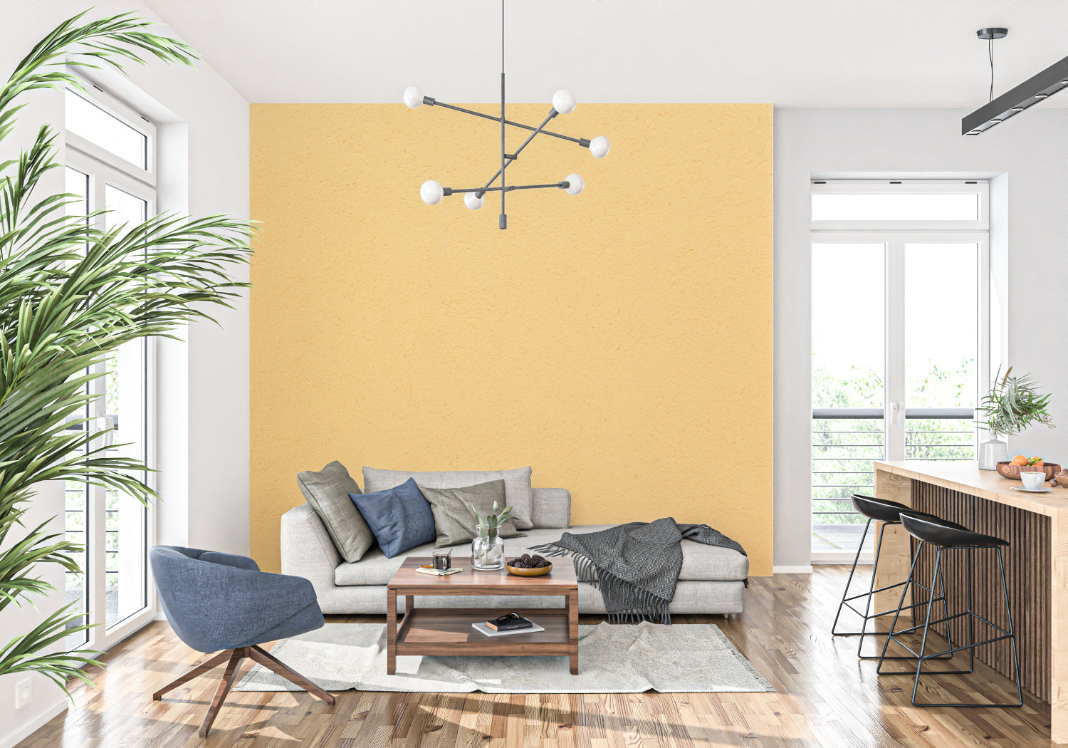Yellow wall mural bringing energy to a modern bedroom interior