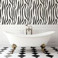 Modern living room featuring striking Zebra print wallpaper mural, showing black and white pattern in contemporary setting