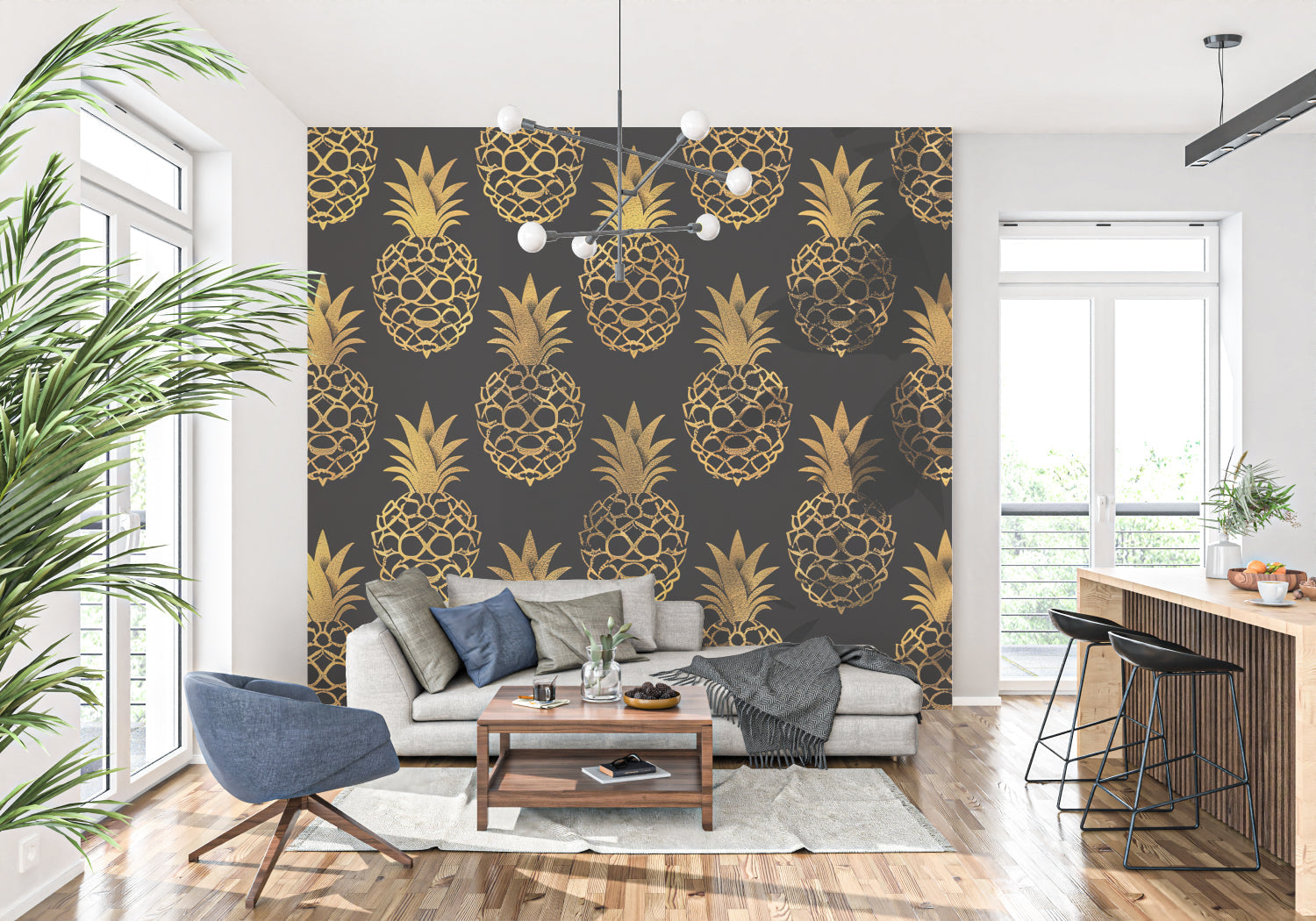 Home office space transformed with zen garden wall mural showing sand patterns