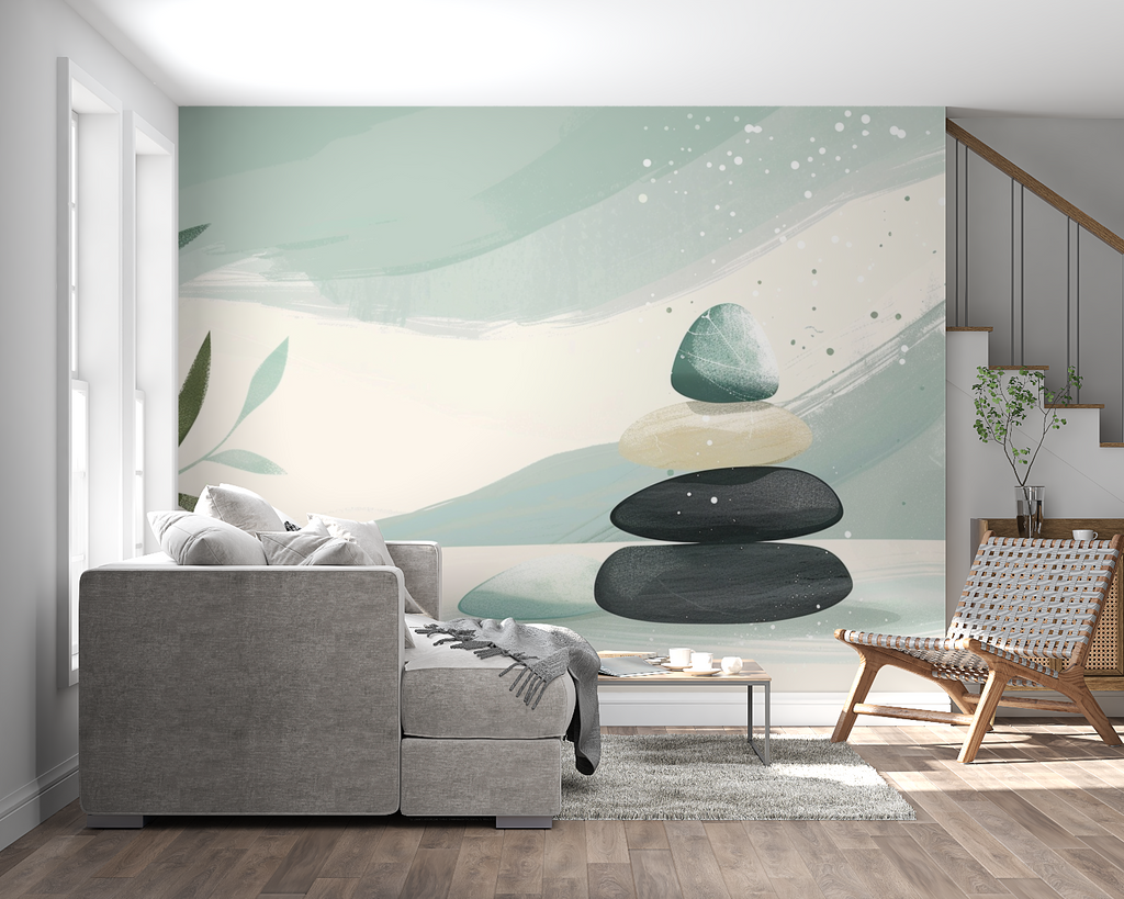 Zen stone balance wallpaper creating serenity in a modern living room with minimalist furniture
