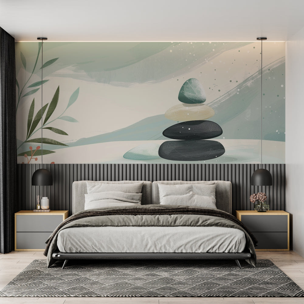 Bedroom sanctuary with zen stone wallpaper showing soft mint tones and balanced design