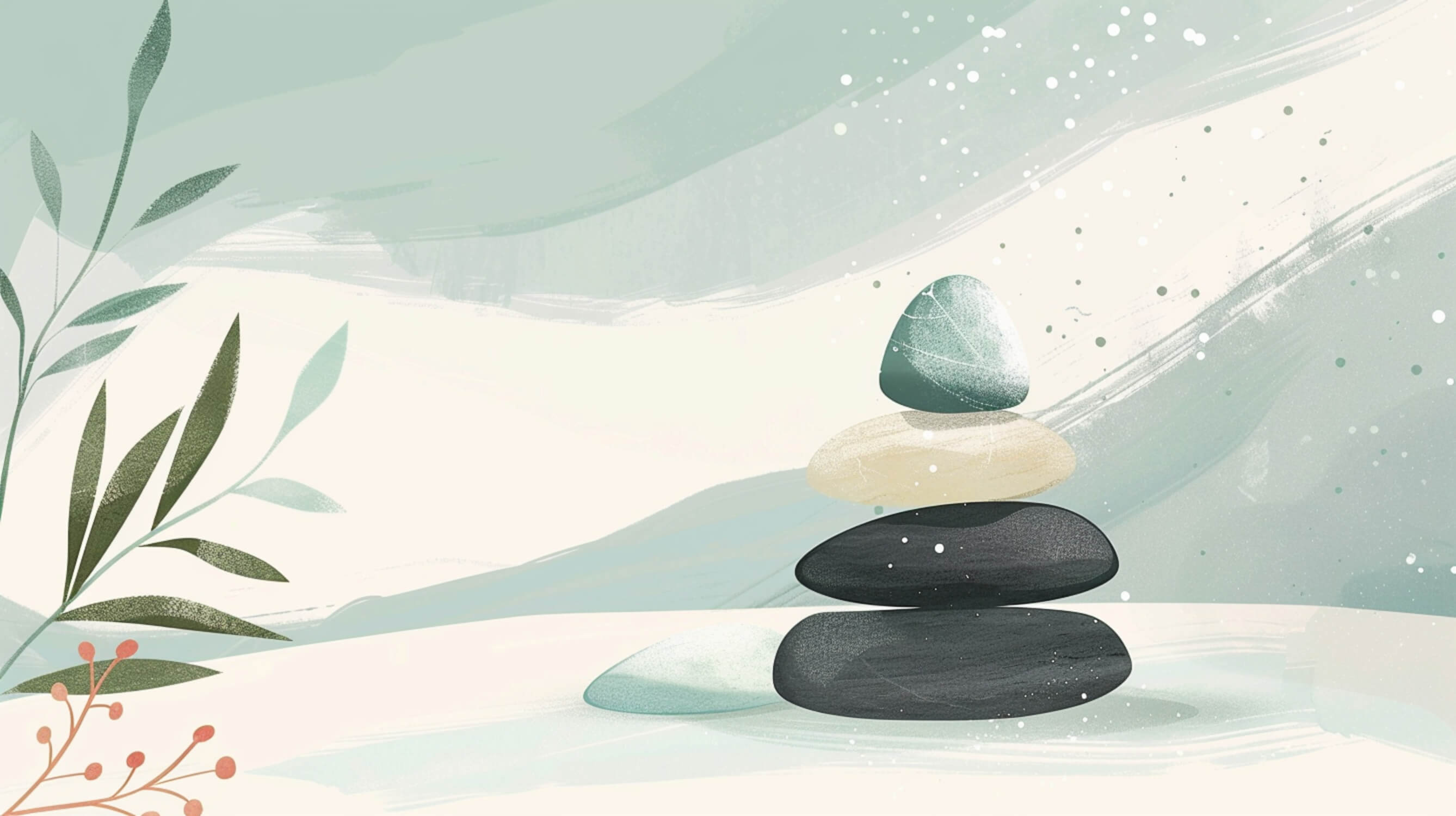Design file of balanced stones zen wallpaper with mint background and flowing elements