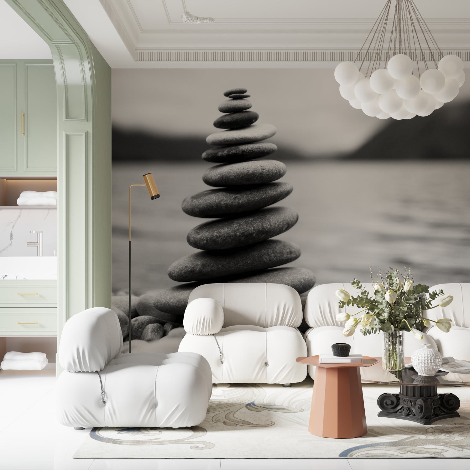 Stone balance wall mural bringing peace to a minimalist bedroom