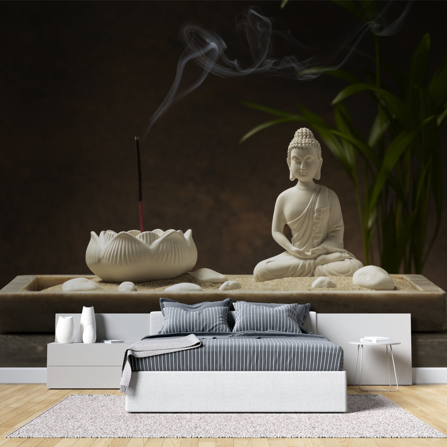 Zen Buddha wallpaper creating serene atmosphere in modern meditation room with floor cushions and natural light