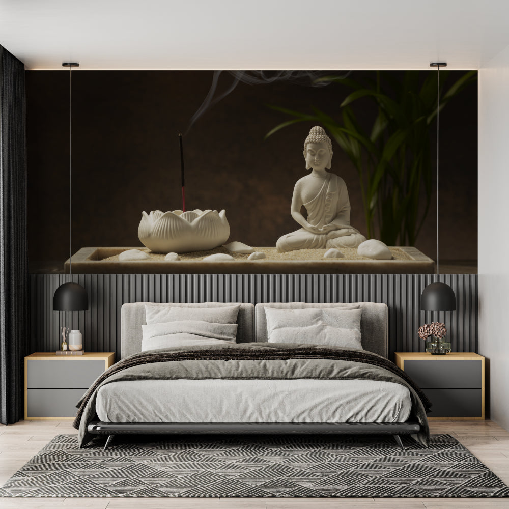 Buddha meditation wallpaper transforming master bedroom into peaceful sanctuary with minimal decor