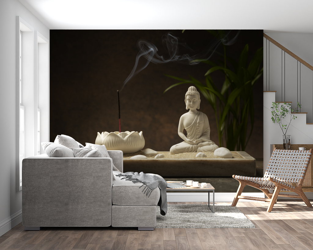 Buddha incense wall mural adding spiritual touch to home office meditation corner setup