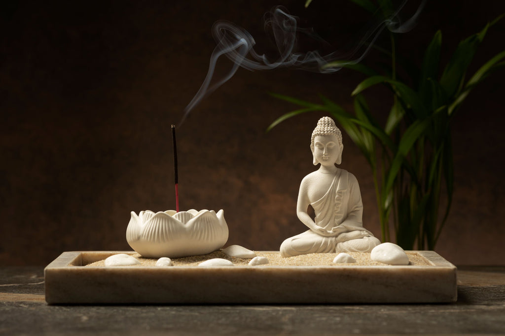 Design file of Buddha and incense meditation scene with detailed smoke effects and stone textures