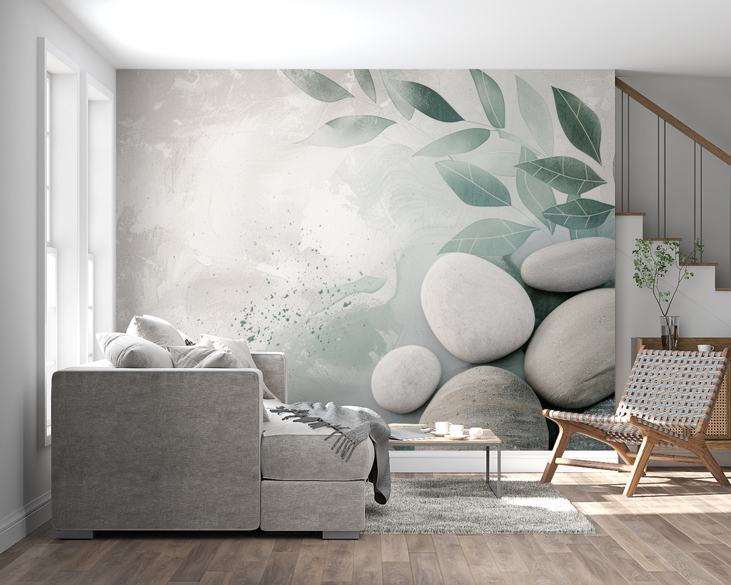 Zen wallpaper with stones and leaves in meditation room