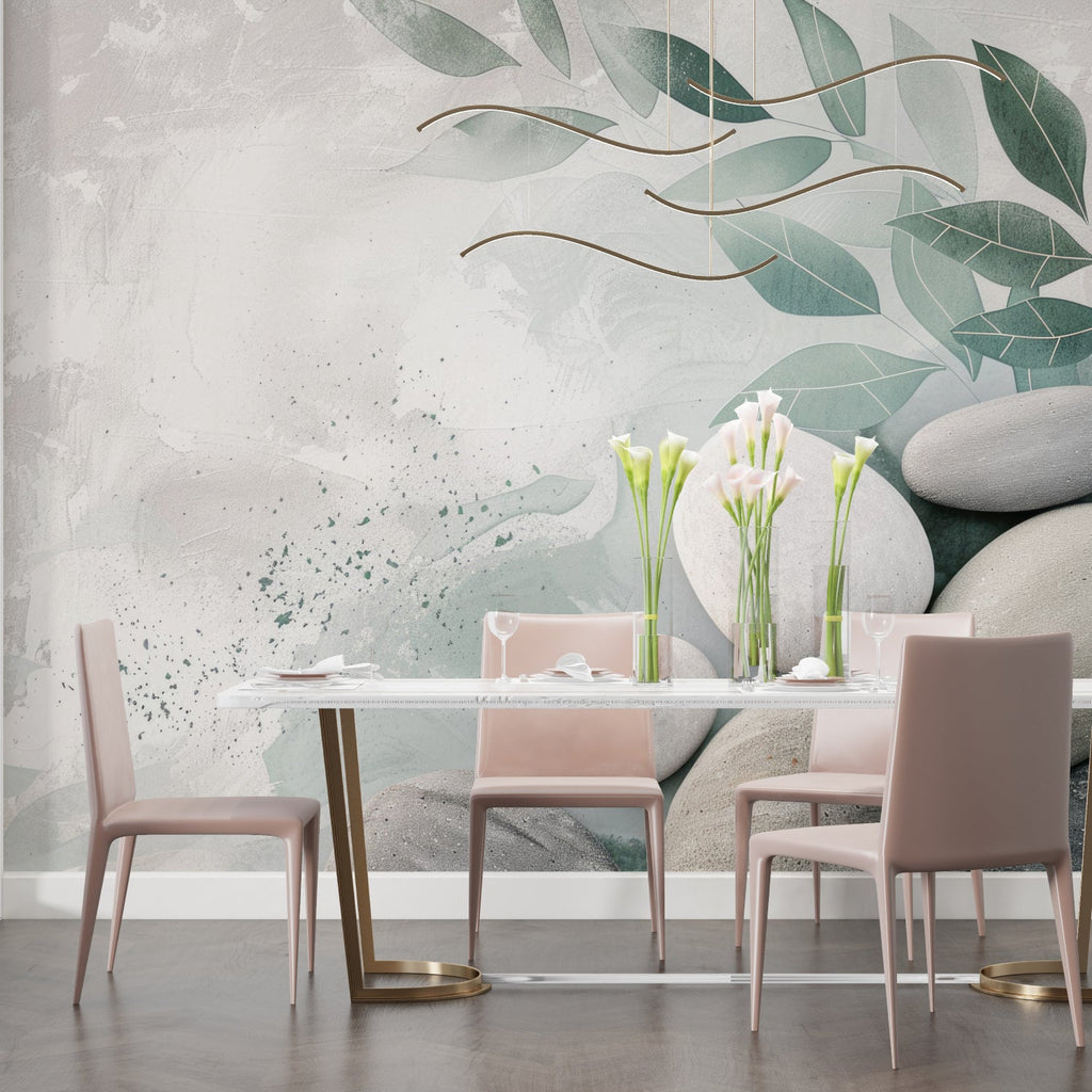 Stone and leaf pattern mural in spa-like bathroom